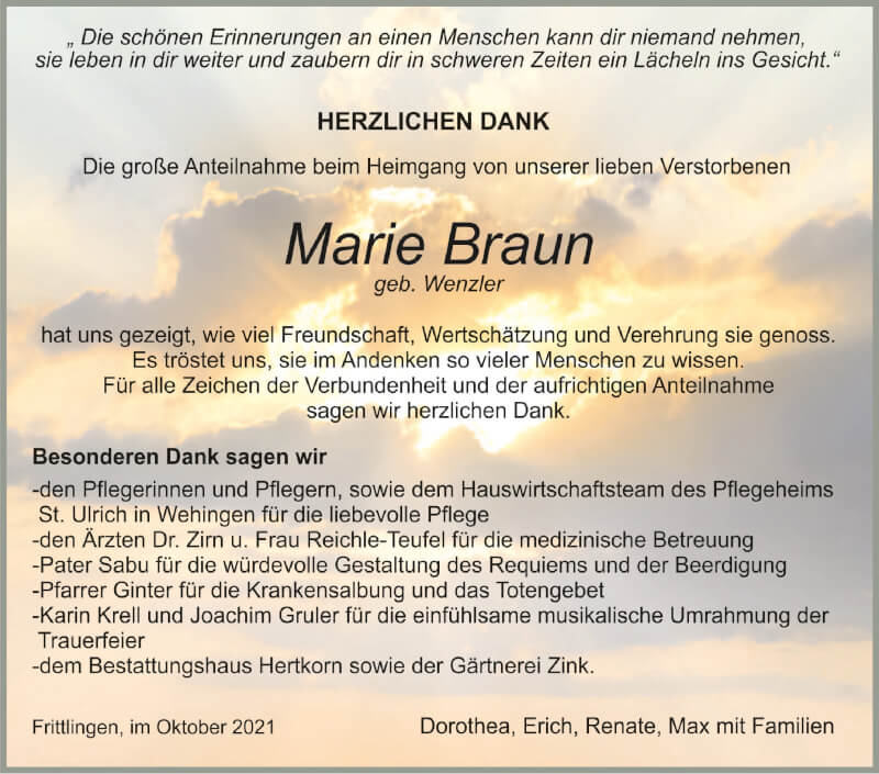  Traueranzeige für Marie Braun vom 23.10.2021 aus Schwäbische Zeitung