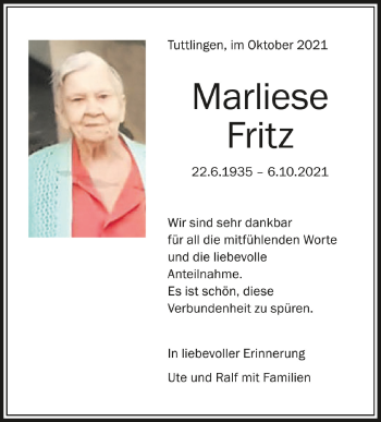 Anzeige von Marliese Fritz von Schwäbische Zeitung