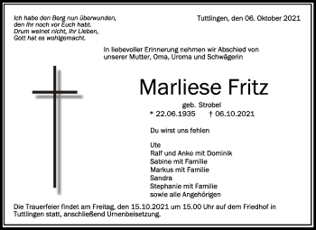 Anzeige von Marliese Fritz von Schwäbische Zeitung