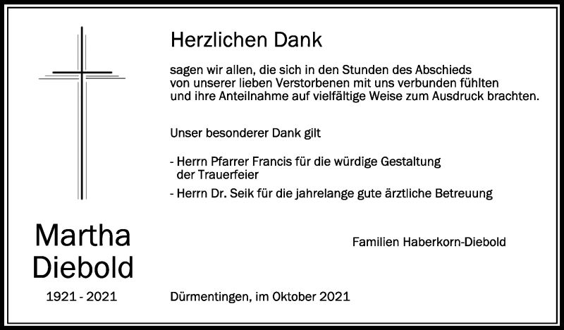  Traueranzeige für Martha Diebold vom 16.10.2021 aus Schwäbische Zeitung