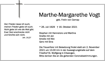 Anzeige von Marthe-Margarethe Vogt von Schwäbische Zeitung