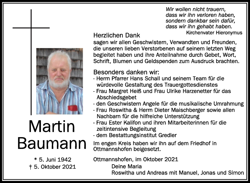  Traueranzeige für Martin Baumann vom 16.10.2021 aus Schwäbische Zeitung