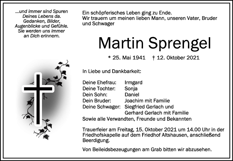  Traueranzeige für Martin Sprengel vom 14.10.2021 aus Schwäbische Zeitung