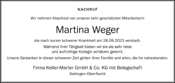 Anzeige von Martina Weger von Schwäbische Zeitung