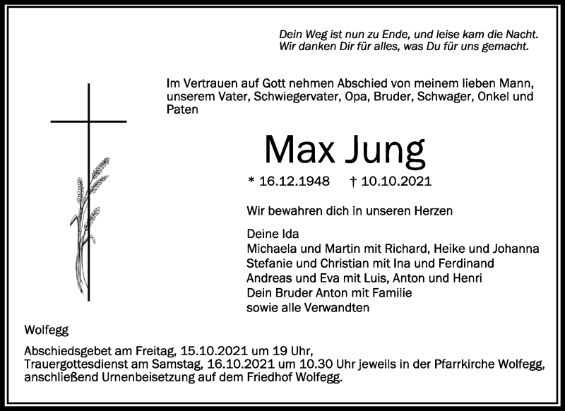  Traueranzeige für Max Jung vom 14.10.2021 aus Schwäbische Zeitung