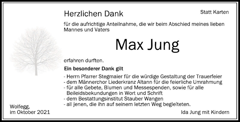  Traueranzeige für Max Jung vom 23.10.2021 aus Schwäbische Zeitung