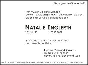 Anzeige von Natalie Englerth von Schwäbische Zeitung