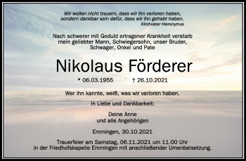 Anzeige von Nikolaus Förderer von Schwäbische Zeitung