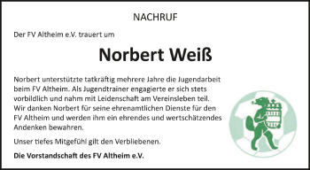 Anzeige von Norbert Weiß von Schwäbische Zeitung