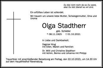 Anzeige von Olga Stadtherr von Schwäbische Zeitung