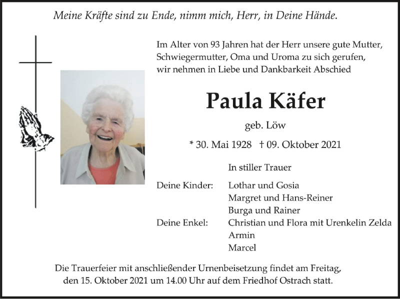  Traueranzeige für Paula Käfer vom 13.10.2021 aus Schwäbische Zeitung