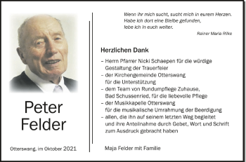 Anzeige von Peter Felder von Schwäbische Zeitung