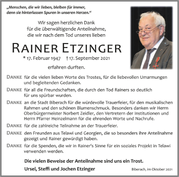 Anzeige von Rainer Etzinger von Schwäbische Zeitung