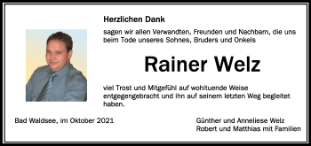 Anzeige von Rainer Welz von Schwäbische Zeitung