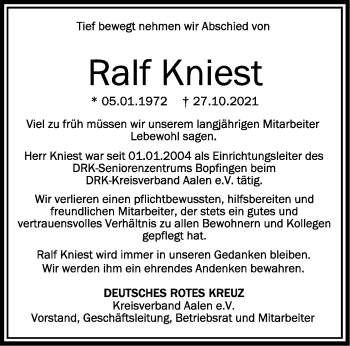 Anzeige von Ralf Kniest von Schwäbische Zeitung