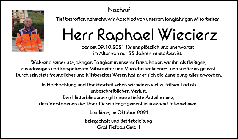  Traueranzeige für Raphael Wiecierz vom 16.10.2021 aus Schwäbische Zeitung