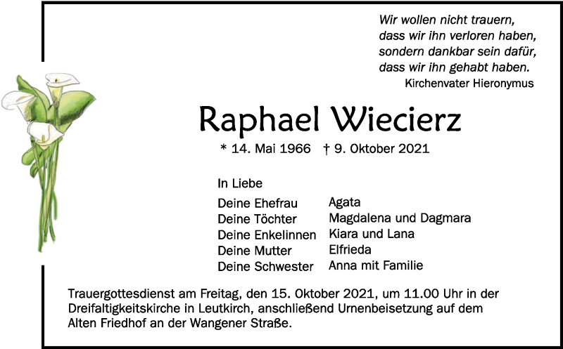  Traueranzeige für Raphael Wiecierz vom 13.10.2021 aus Schwäbische Zeitung
