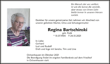 Anzeige von Regina Bartschinski von Schwäbische Zeitung