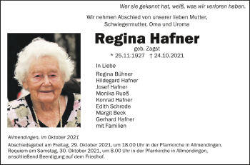 Anzeige von Regina Hafner von Schwäbische Zeitung