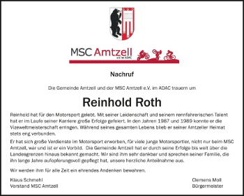 Anzeige von Reinhold Roth von Schwäbische Zeitung