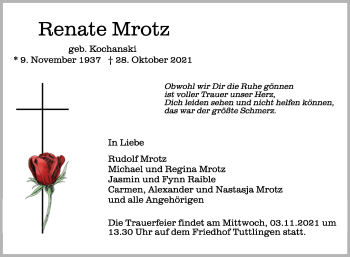 Anzeige von Renate Mrotz von Schwäbische Zeitung