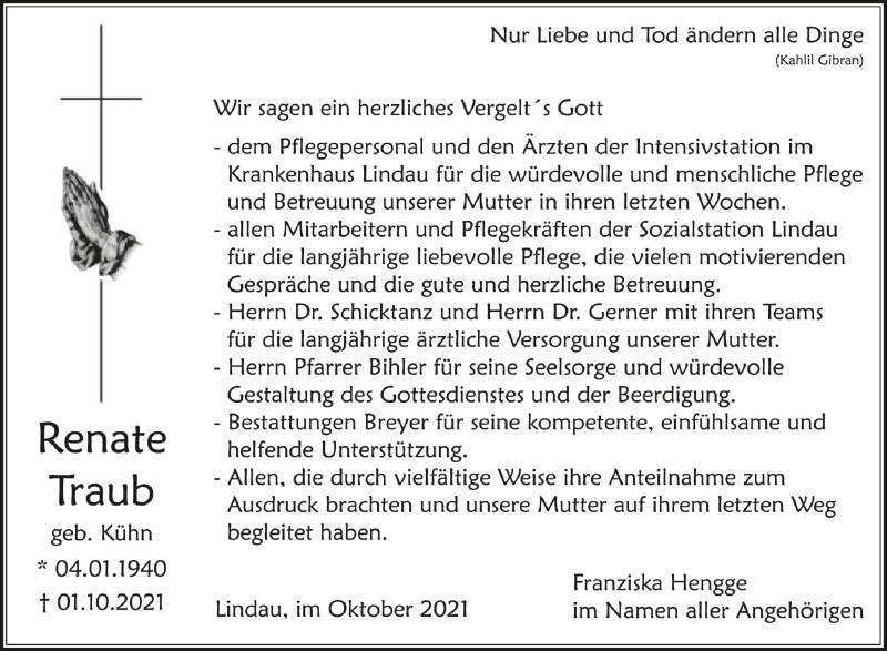  Traueranzeige für Renate Traub vom 16.10.2021 aus Schwäbische Zeitung