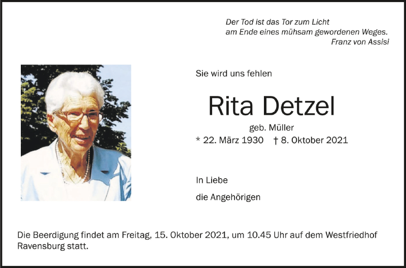  Traueranzeige für Rita Detzel vom 12.10.2021 aus Schwäbische Zeitung