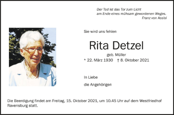 Anzeige von Rita Detzel von Schwäbische Zeitung