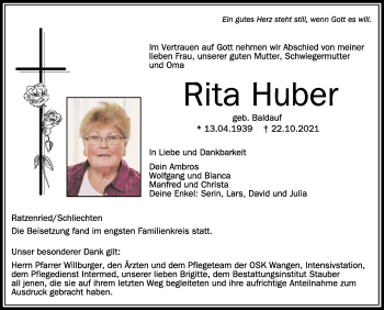 Anzeige von Rita Huber von Schwäbische Zeitung