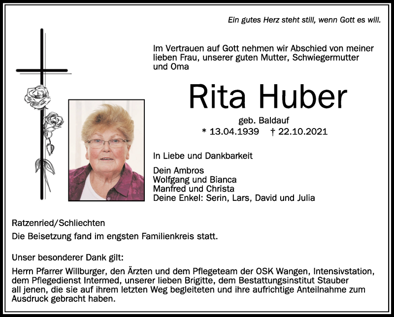  Traueranzeige für Rita Huber vom 30.10.2021 aus Schwäbische Zeitung