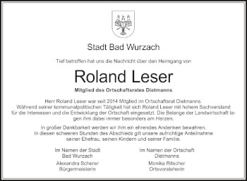 Anzeige von Roland Leser von Schwäbische Zeitung