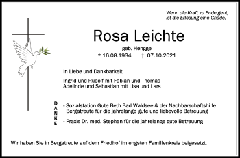 Anzeige von Rosa Leichte von Schwäbische Zeitung