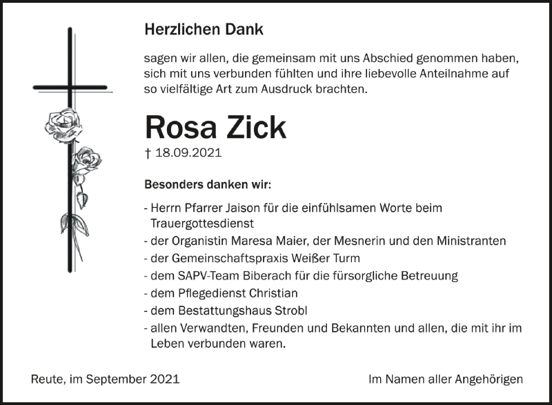  Traueranzeige für Rosa Zick vom 02.10.2021 aus Schwäbische Zeitung