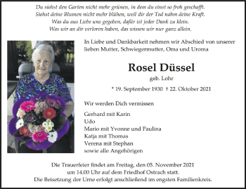 Anzeige von Rosel Düssel von Schwäbische Zeitung