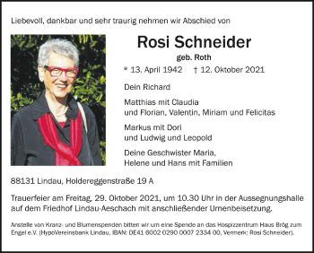 Anzeige von Rosi Schneider von Schwäbische Zeitung