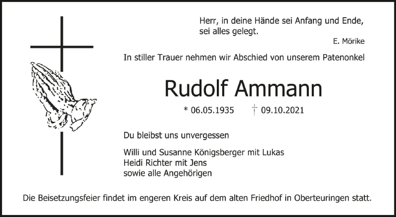  Traueranzeige für Rudolf Ammann vom 12.10.2021 aus Schwäbische Zeitung