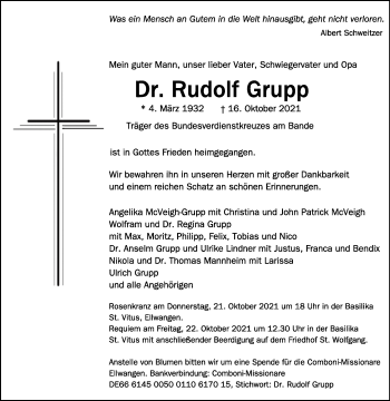 Anzeige von Rudolf Grupp von Schwäbische Zeitung