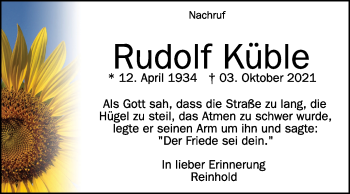 Anzeige von Rudolf Küble von Schwäbische Zeitung