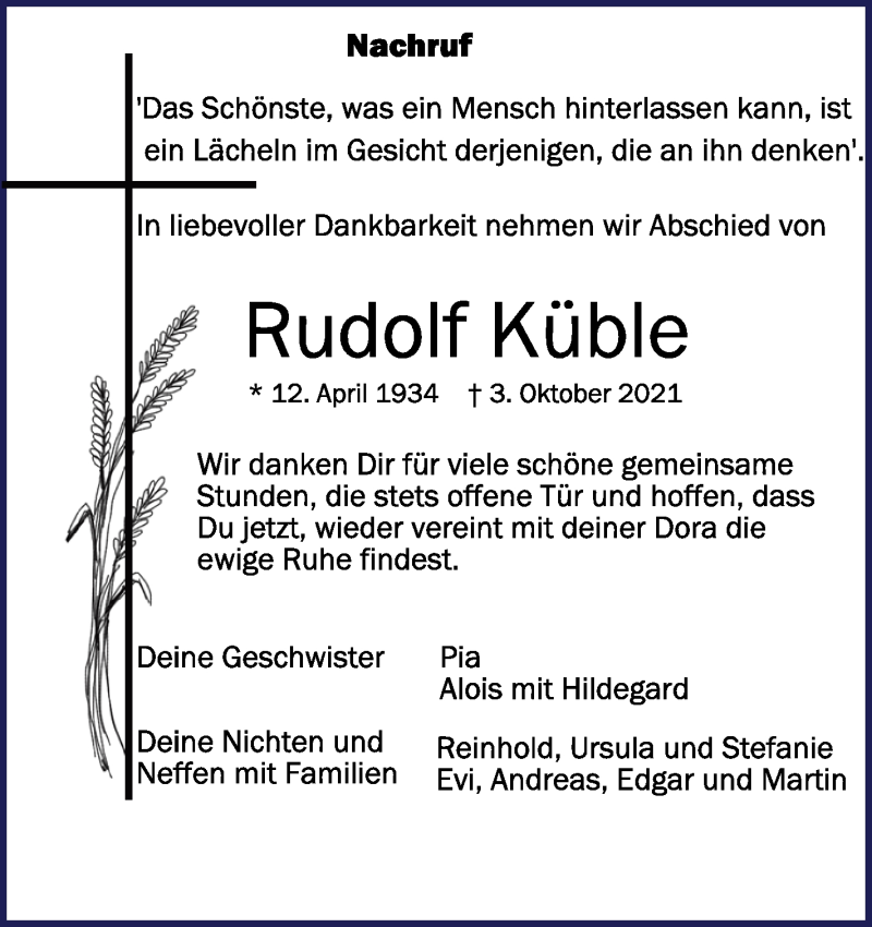  Traueranzeige für Rudolf Küble vom 16.10.2021 aus Schwäbische Zeitung