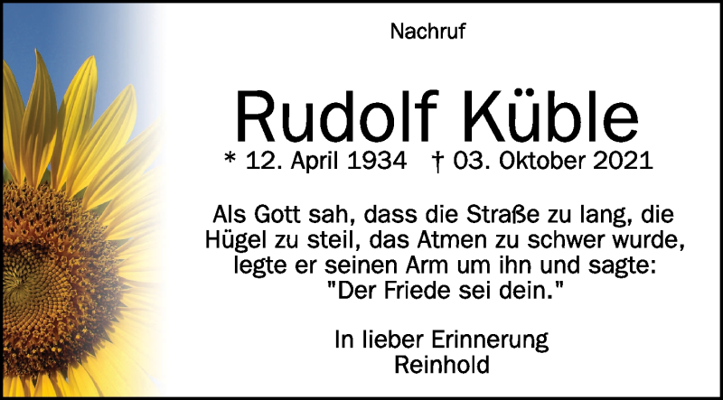  Traueranzeige für Rudolf Küble vom 15.10.2021 aus Schwäbische Zeitung