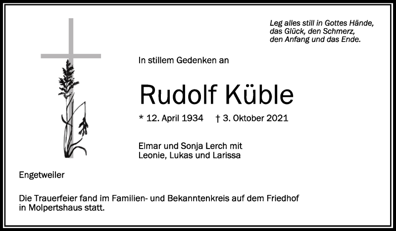  Traueranzeige für Rudolf Küble vom 14.10.2021 aus Schwäbische Zeitung