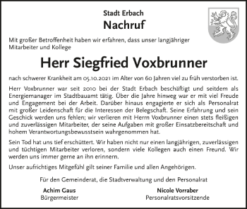 Anzeige von Siegfried Voxbrunner von Schwäbische Zeitung