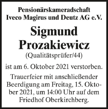 Anzeige von Sigmund Prozakiewicz von Schwäbische Zeitung