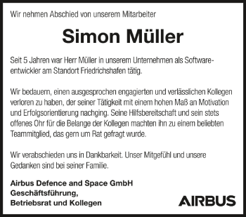 Anzeige von Simon Müller von Schwäbische Zeitung