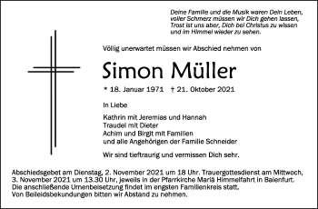 Anzeige von Simon Müller von Schwäbische Zeitung