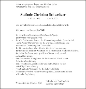 Anzeige von Stefanie Christina Schweitzer von Schwäbische Zeitung