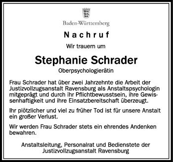 Anzeige von Stephanie Schrader von Schwäbische Zeitung