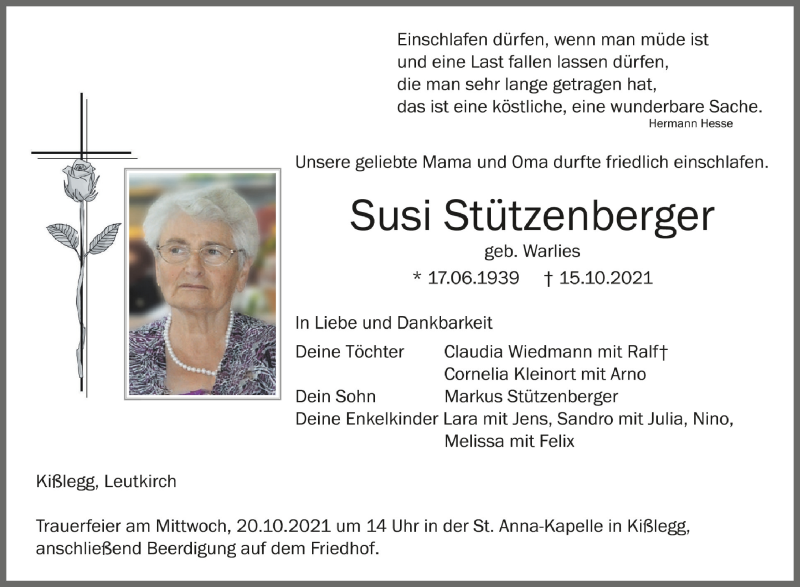  Traueranzeige für Susi Stützenberger vom 18.10.2021 aus Schwäbische Zeitung