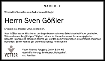 Anzeige von Sven Gößler von Schwäbische Zeitung