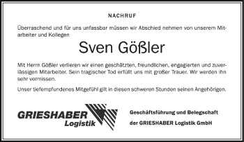 Anzeige von Sven Gößler von Schwäbische Zeitung